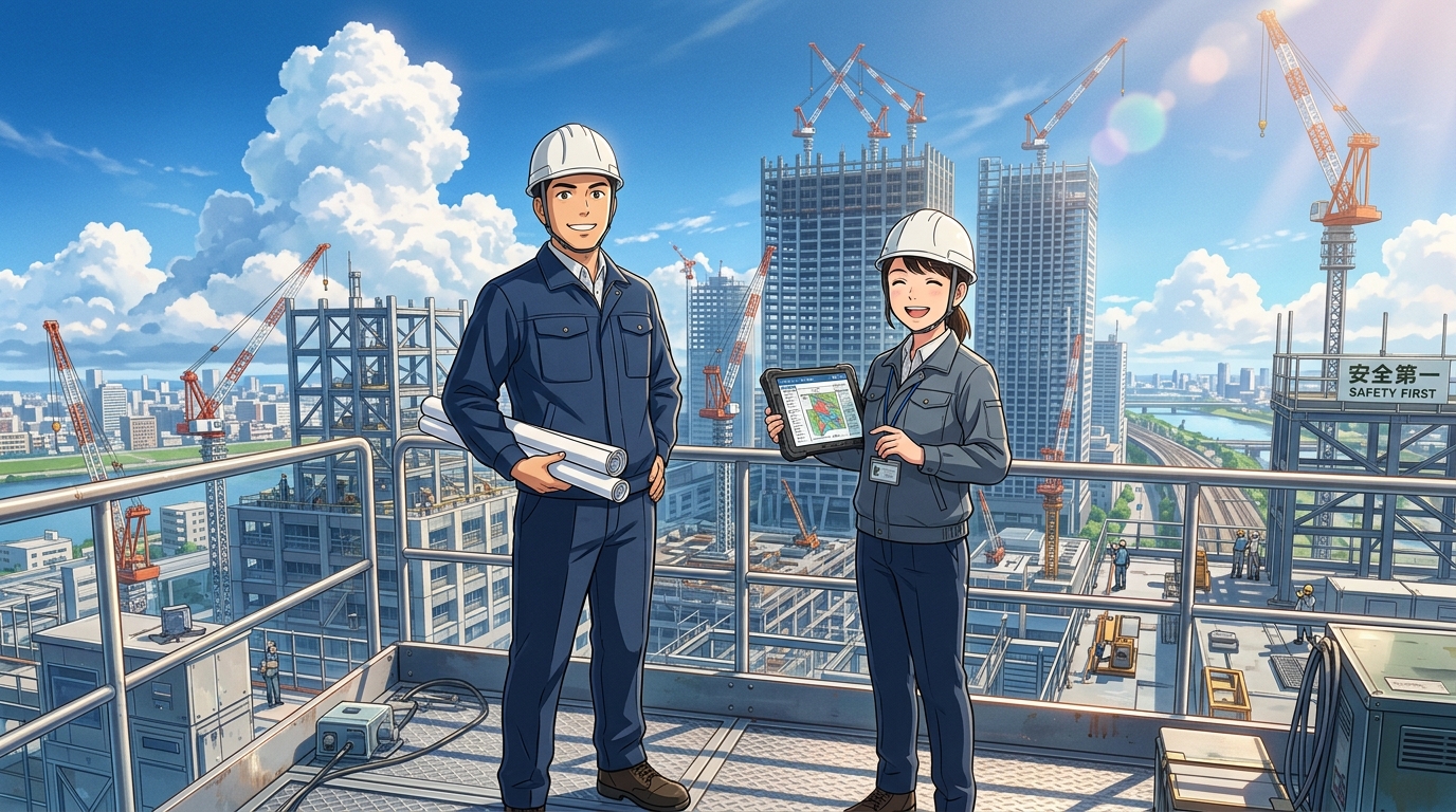 青空と建設現場を背景に誠実な笑顔を見せる施工管理技士の男女イラスト